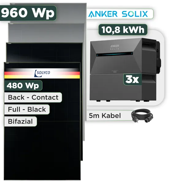 Balkonkraftwerk Set 960 Wp Anker Solarbank 3 Pro / 10,8 kWh / Solyco 480 Wp Glas-Glas Fullblack Back Contact Modul / 2 Module / Schuko Stecker / 3 m