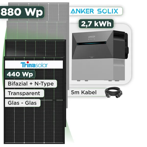 Balkonkraftwerk Set 880 Wp Anker Solarbank 3 Pro / 2,7 kWh / Trina 440 Wp Glas-Glas Bifazial Modul / 2 Module / Schuko Stecker / 3 m