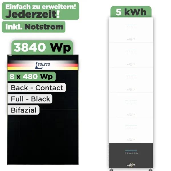 SunEnergyXT 500 Modulset 3840 Wp SunEnergyXT 500 (800 W) / 5 kWh / Solyco 480 Wp / 8 Module