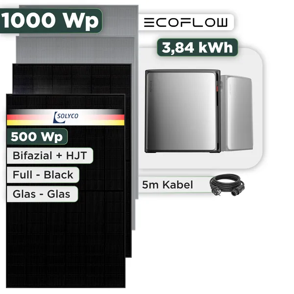 Balkonkraftwerk Set 1000 Wp Ecoflow Stream Ultra X / 3,84 kWh / Solyco 500 Wp Glas-Glas Fullblack-Modul Bifazial / 2 Module / Schuko Stecker / 1,5 m