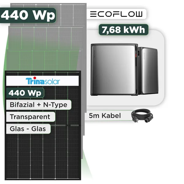 Balkonkraftwerk Set 440 Wp Ecoflow Stream Ultra X / 7,68 kWh / Trina 440 Wp Glas-Glas Bifazial Modul / 1 Modul / Schuko Stecker / 1,5 m