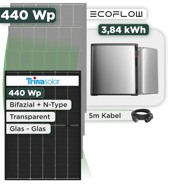 Balkonkraftwerk Set 440 Wp Ecoflow Stream Ultra X / 3,84 kWh / Trina 440 Wp Glas-Glas Bifazial Modul / 1 Modul / Schuko Stecker / 1,5 m