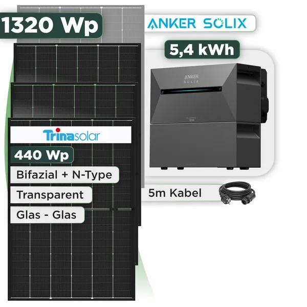 Balkonkraftwerk Set 1320 Wp Anker Solarbank 3 Pro / 5,4 kWh / Trina 440 Wp Glas-Glas Bifazial Modul / 3 Module / Schuko Stecker / 3 m