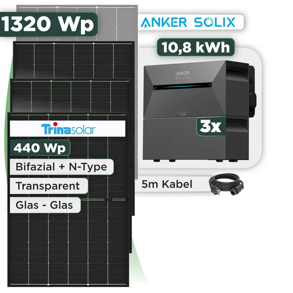 Balkonkraftwerk Set 1320 Wp Anker Solarbank 3 Pro / 10,8 kWh / Trina 440 Wp Glas-Glas Bifazial Modul / 3 Module / Schuko Stecker / 3 m