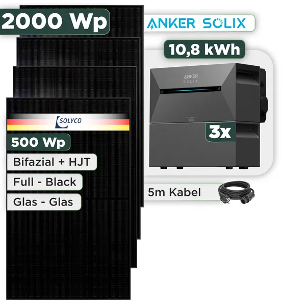 Balkonkraftwerk Set 2000 Wp Anker Solarbank 3 Pro / 10,8 kWh / Solyco 500 Wp Glas-Glas Fullblack-Modul Bifazial / 4 Module / Schuko Stecker / 3 m