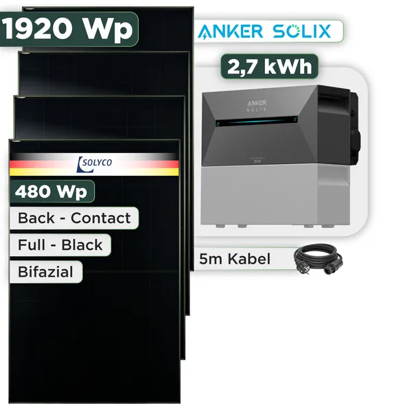 Balkonkraftwerk Set 1920 Wp Anker Solarbank 3 Pro / 2,7 kWh / Solyco 480 Wp Glas-Glas Fullblack Back Contact Modul / 4 Module / Schuko Stecker / 3 m