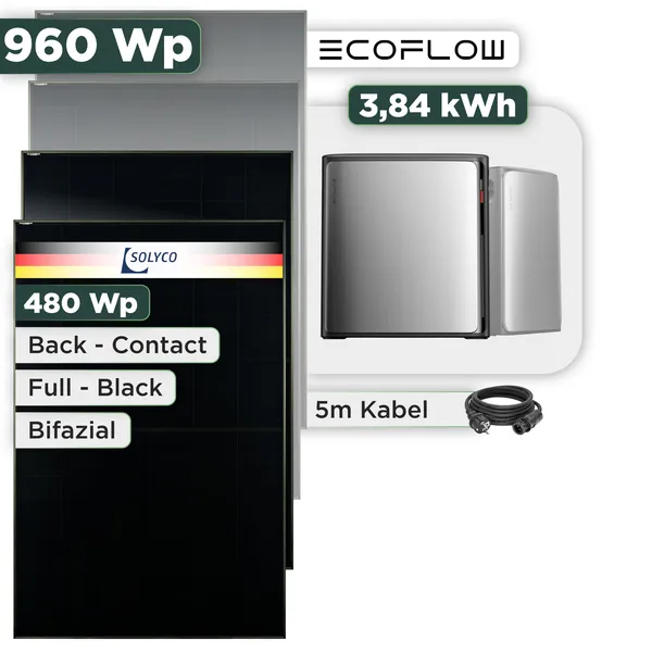 Balkonkraftwerk Set 960 Wp Ecoflow Stream Ultra X / 3,84 kWh / Solyco 480 Wp Glas-Glas Fullblack Back Contact Modul / 2 Module / Schuko Stecker / 1,5 m