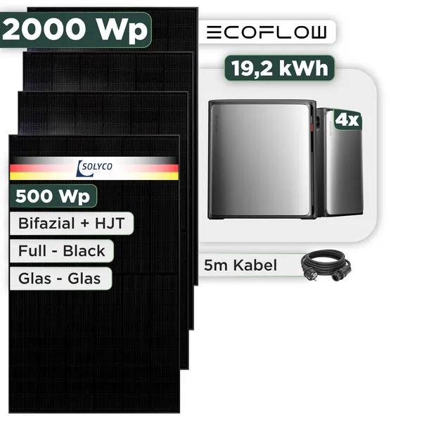 Balkonkraftwerk Set 2000 Wp Ecoflow Stream Ultra X / 19,2 kWh / Solyco 500 Wp Glas-Glas Fullblack-Modul Bifazial / 4 Module / Schuko Stecker / 1,5 m