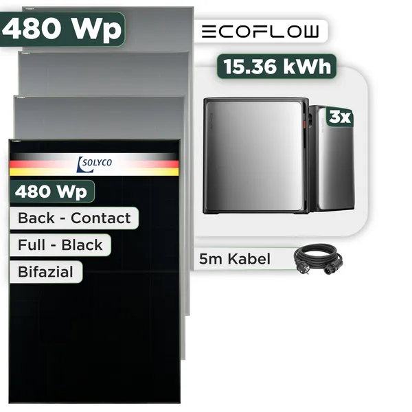 Balkonkraftwerk Set 480 Wp Ecoflow Stream Ultra X / 15,36 kWh / Solyco 480 Wp Glas-Glas Fullblack Back Contact Modul / 1 Modul / Schuko Stecker / 1,5 m