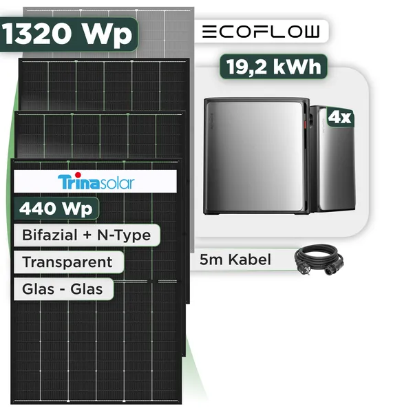 Balkonkraftwerk Set 1320 Wp Ecoflow Stream Ultra X / 19,2 kWh / Trina 440 Wp Glas-Glas Bifazial Modul / 3 Module / Schuko Stecker / 1,5 m