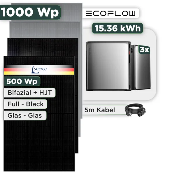 Balkonkraftwerk Set 1000 Wp Ecoflow Stream Ultra X / 15,36 kWh / Solyco 500 Wp Glas-Glas Fullblack-Modul Bifazial / 2 Module / Schuko Stecker / 1,5 m