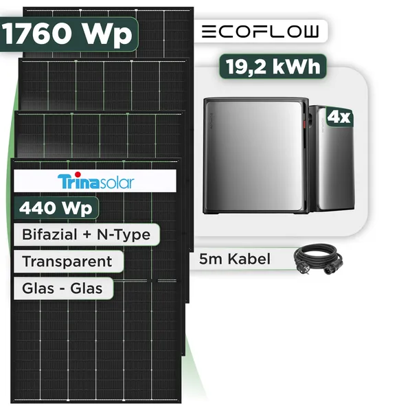 Balkonkraftwerk Set 1760 Wp Ecoflow Stream Ultra X / 19,2 kWh / Trina 440 Wp Glas-Glas Bifazial Modul / 4 Module / Schuko Stecker / 1,5 m