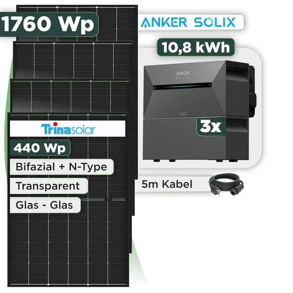 Balkonkraftwerk Set 1760 Wp Anker Solarbank 3 Pro / 10,8 kWh / Trina 440 Wp Glas-Glas Bifazial Modul / 4 Module / Schuko Stecker / 3 m