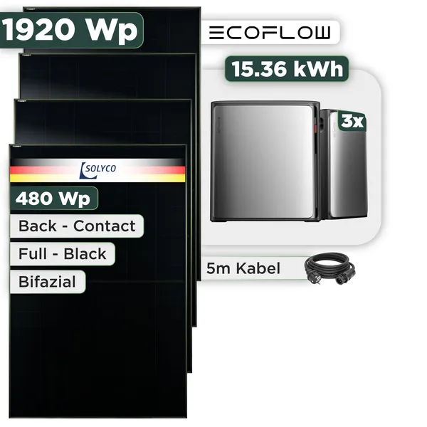 Balkonkraftwerk Set 1920 Wp Ecoflow Stream Ultra X / 15,36 kWh / Solyco 480 Wp Glas-Glas Fullblack Back Contact Modul / 4 Module / Schuko Stecker / 1,5 m