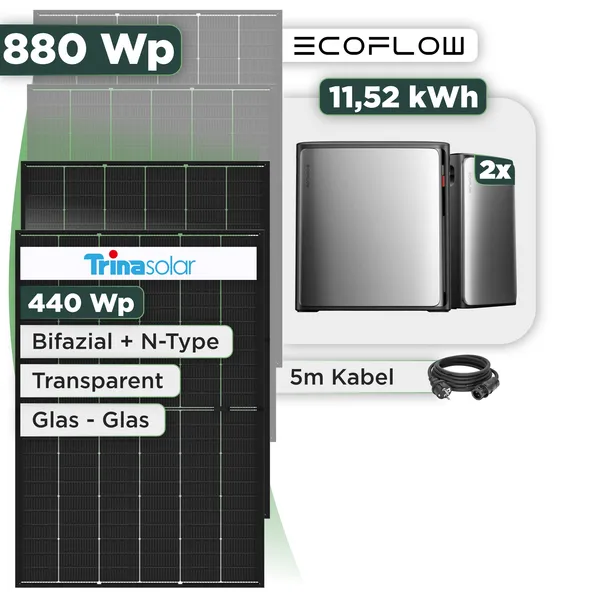 Balkonkraftwerk Set 880 Wp Ecoflow Stream Ultra X / 11,52 kWh / Trina 440 Wp Glas-Glas Bifazial Modul / 2 Module / Schuko Stecker / 1,5 m