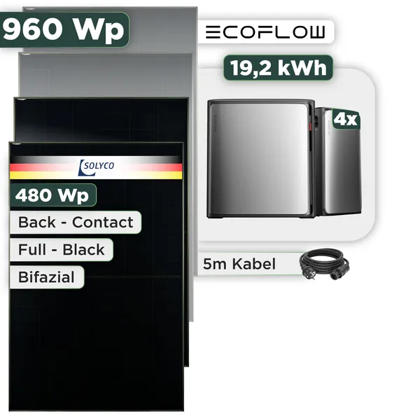 Balkonkraftwerk Set 960 Wp Ecoflow Stream Ultra X / 19,2 kWh / Solyco 480 Wp Glas-Glas Fullblack Back Contact Modul / 2 Module / Schuko Stecker / 1,5 m