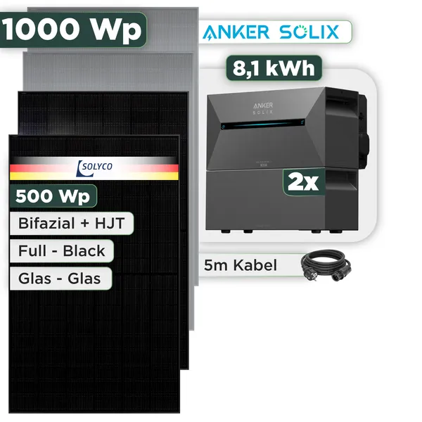 Balkonkraftwerk Set 1000 Wp Anker Solarbank 3 Pro / 8,1 kWh / Solyco 500 Wp Glas-Glas Fullblack-Modul Bifazial / 2 Module / Schuko Stecker / 3 m