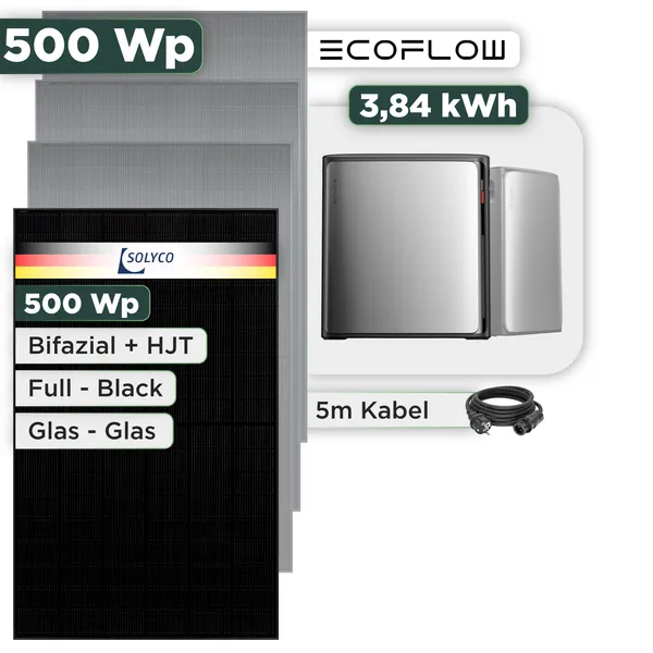 Balkonkraftwerk Set 500 Wp Ecoflow Stream Ultra X / 3,84 kWh / Solyco 500 Wp Glas-Glas Fullblack-Modul Bifazial / 1 Modul / Schuko Stecker / 1,5 m