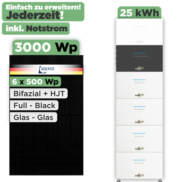SunEnergyXT 500 Modulset 3000 Wp SunEnergyXT 500 (800 W) / 25 kWh / Solyco 500 Wp / 6 Module