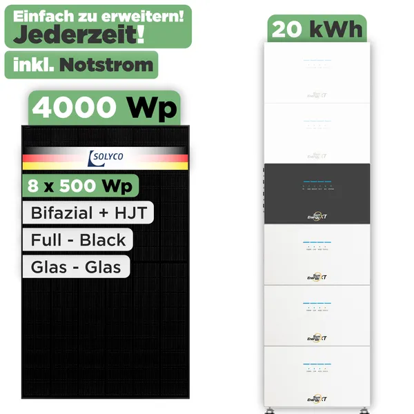SunEnergyXT 500 Modulset 4000 Wp SunEnergyXT 500 Pro (2400 W) / 20 kWh / Solyco 500 Wp / 8 Module