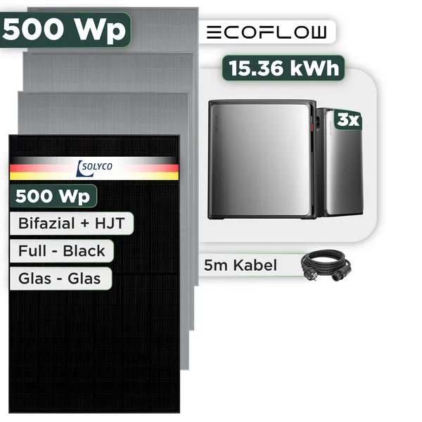 Balkonkraftwerk Set 500 Wp Ecoflow Stream Ultra X / 15,36 kWh / Solyco 500 Wp Glas-Glas Fullblack-Modul Bifazial / 1 Modul / Schuko Stecker / 1,5 m