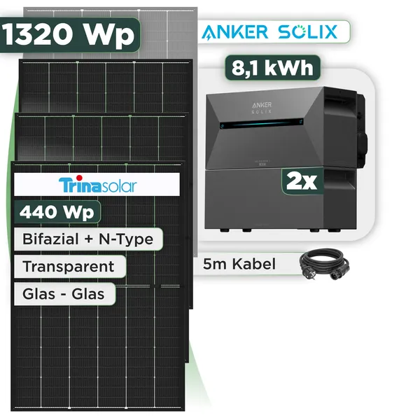 Balkonkraftwerk Set 1320 Wp Anker Solarbank 3 Pro / 8,1 kWh / Trina 440 Wp Glas-Glas Bifazial Modul / 3 Module / Schuko Stecker / 3 m