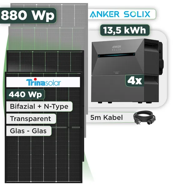 Balkonkraftwerk Set 880 Wp Anker Solarbank 3 Pro / 13,5 kWh / Trina 440 Wp Glas-Glas Bifazial Modul / 2 Module / Schuko Stecker / 3 m