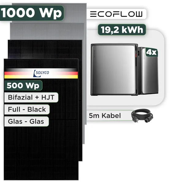 Balkonkraftwerk Set 1000 Wp Ecoflow Stream Ultra X / 19,2 kWh / Solyco 500 Wp Glas-Glas Fullblack-Modul Bifazial / 2 Module / Schuko Stecker / 1,5 m