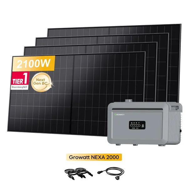 Growatt NEXA 2000 All-in-One Speicher für Balkonkraftwerke, mit 4 x 525Wp LONGi BC Bifazial Full Black Solarmodul, by Powerness