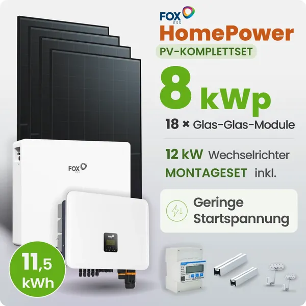 8 kWp FoxEss PV-Anlage 18x 460Wp Glas-Glas Fullblack Schrägdach 11,52kWh Speicher inkl. Smart Meter