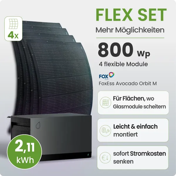 Tepto Balkonkraftwerk Flex 800Wp mit FoxEss Orbit 2,11kWh Speicher