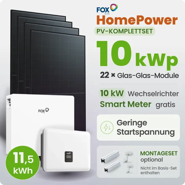 10 kWp FoxEss PV-Anlage 22x 460Wp Fullblack 11,52kWh Speicher Notstromfähig Speicher erweiterbar
