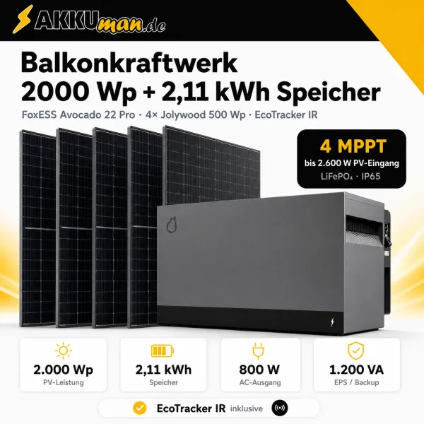 Balkonkraftwerk 2000 Wp mit FoxESS Avocado 22 Pro 2,11 kWh Speicher & 4x Jolywood 500 Wp