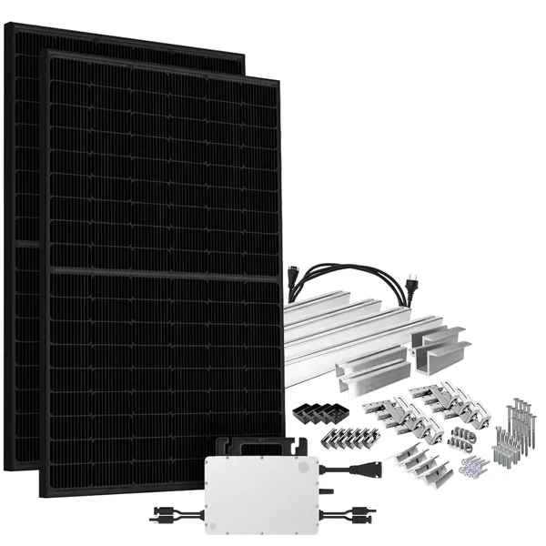 Offgridtec® Solar-Direct 900W HMS-800-2WB Balkonkraftwerk Bifazial Full Black Schukosteckdose - 5m - Montageset Ziegeldach