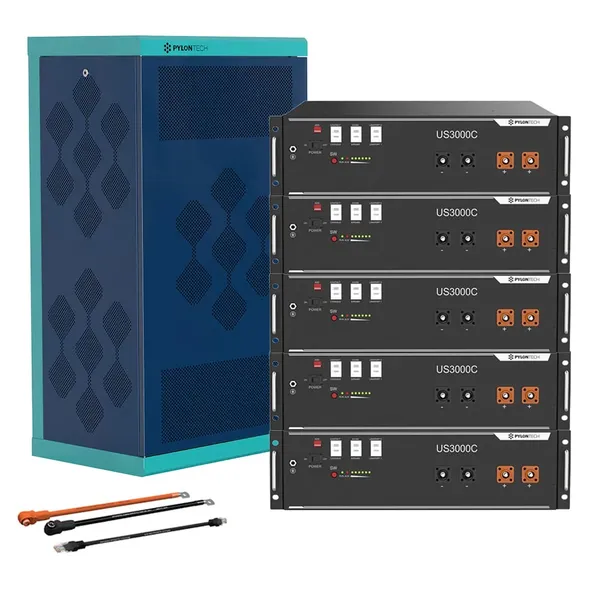 Pylontech 5x US3000D LiFePO4 Batterie 17,5kWh mit Wechselrichter-Anschlusskabelset und Batterieschrank