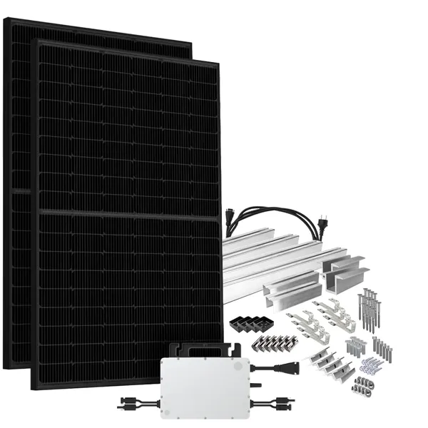 Offgridtec® Solar-Direct 900W HMS-800-2WB Balkonkraftwerk Bifazial Full Black Schukosteckdose - 5m - Montageset Biberschwanz