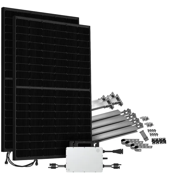 Offgridtec® Solar-Direct 900W HMS-800-2WB Balkonkraftwerk Bifazial Full Black Schukosteckdose - 15m - Montageset für Balkongeländer